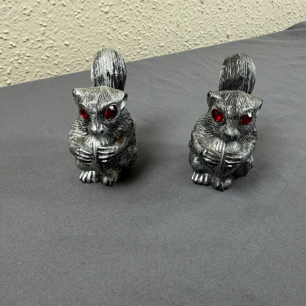 Vintage Lot of 2 Italian Made Squirrel With Red Gemstone Eyes Unique‎ Molded